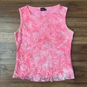 Pink Mesh Sleeveless Top Floral Embroidery Sheer Overlay Women M Fairy Coquette